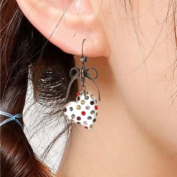 Stone Lucite Heart Drop Earrings Delicate Bow Mixed Multi-Colored - Picture 2 of 4